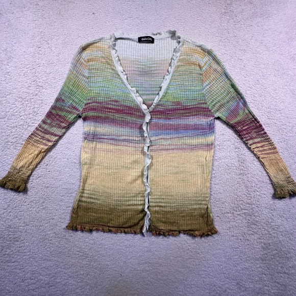 Dolce Cabo 100% Silk Cardigan Top Multicolor Striped Ruffle Trim Knitwear‎ - Picture 1 of 10